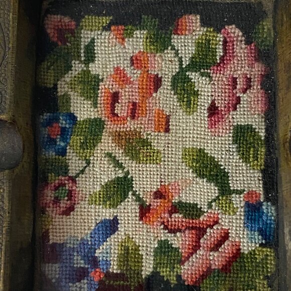 Vintage Miniature Brass Ashtray Floral Petit Point Needlepoint Inlay Victorian - Picture 4 of 7